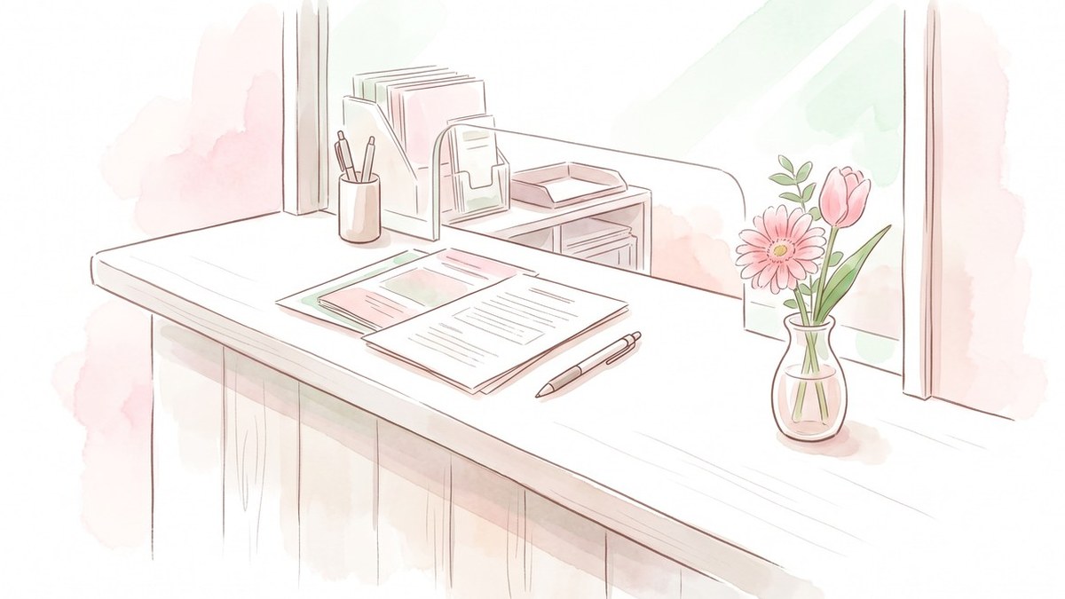 書類とペンが置かれたカウンターに、お花を生けた花びんがある水彩風のイラスト