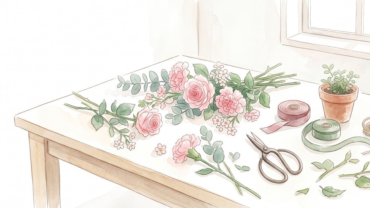 ピンクのお花、はさみ、リボンが机にならんだ水彩風のイラスト