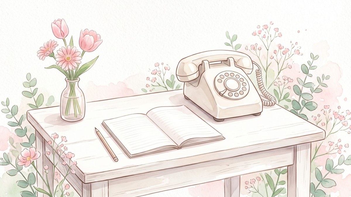 花瓶にいけたピンクのお花と、ノート、電話が机に置かれた水彩イラスト