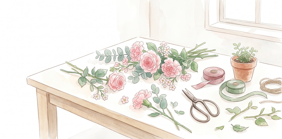 作業テーブルに並んだ花、はさみ、リボン、小さな鉢植えの水彩イラスト
